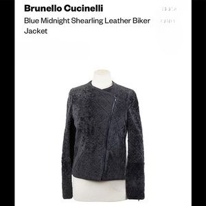 Brunello Cucinelli Blue Midnight Shearling Leather Biker Jacket